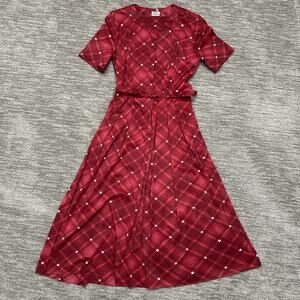 Vintage Shelton Stroller Dress Womens 16 Red Plaid Belted Short Sleeve Maxi 70s